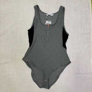 X by Gottex NWT Womens Medium Grey Quarter Zip Bodysuit Snap Crotch Comfy Spring
